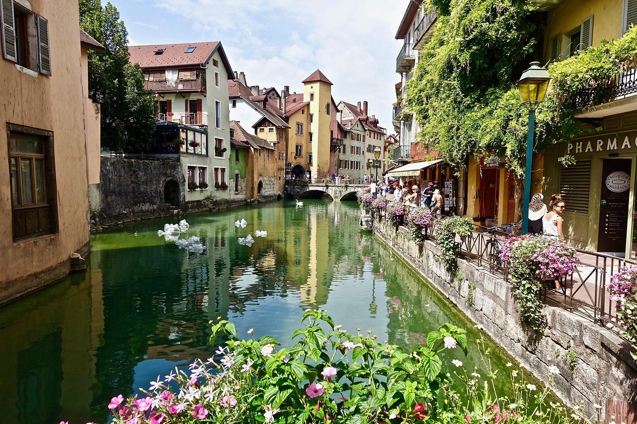 Flower-lined canal in Annecy