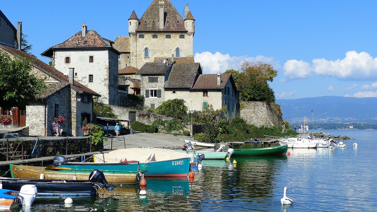 Yvoire's castle and harbour on Lake Geneva