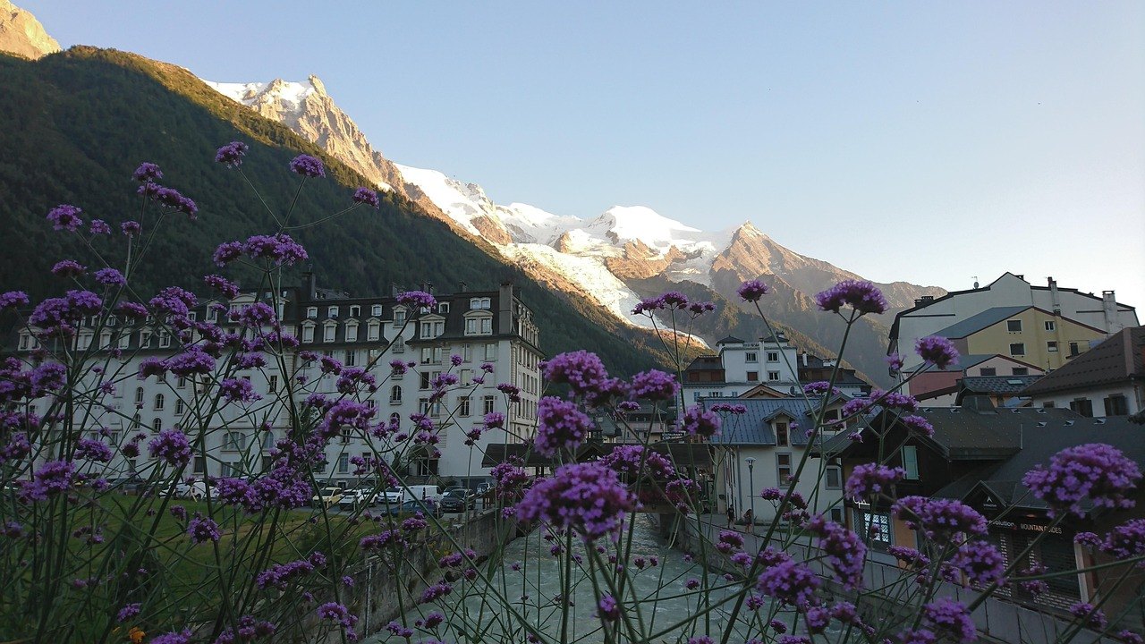Houses of Chamonix below the Mont Blanc massif