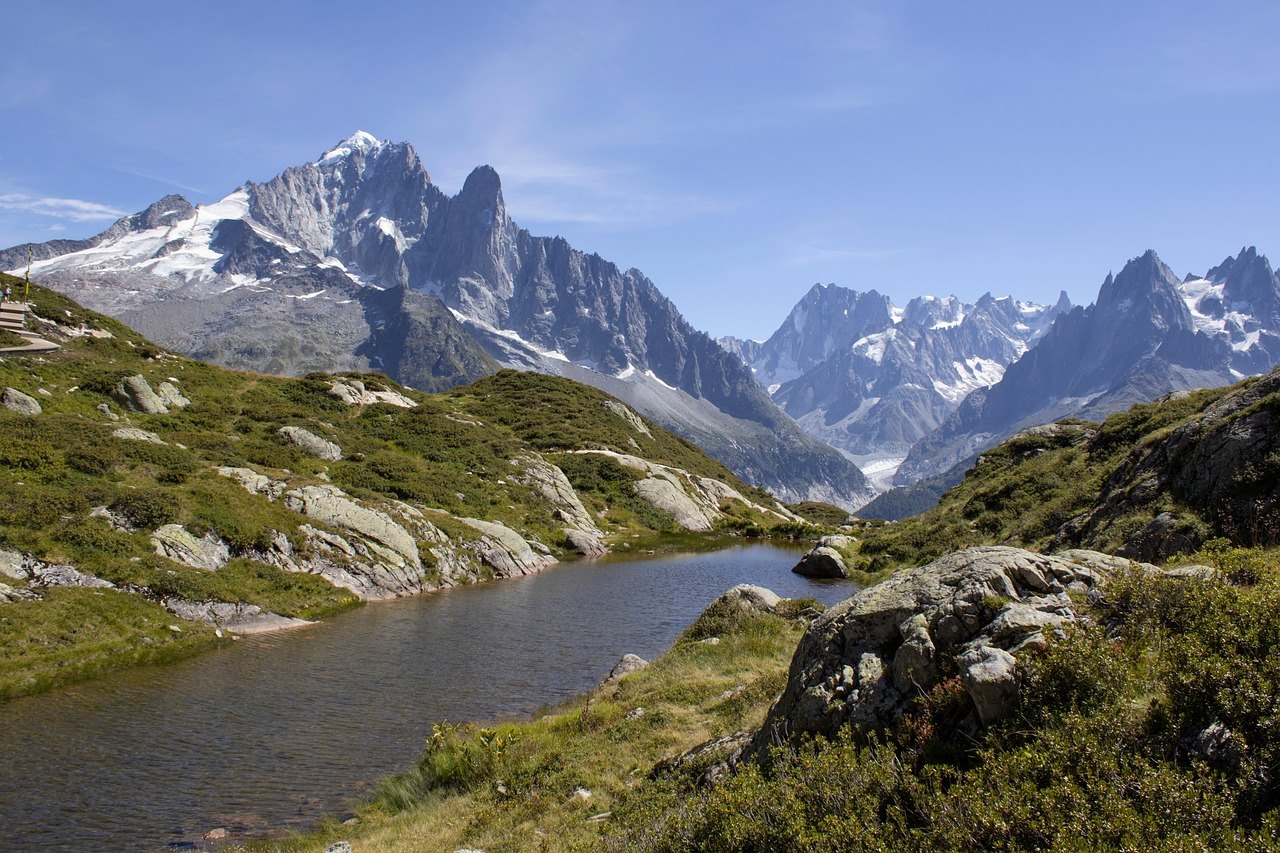 Hiking trail and mountain lake above Chamonix